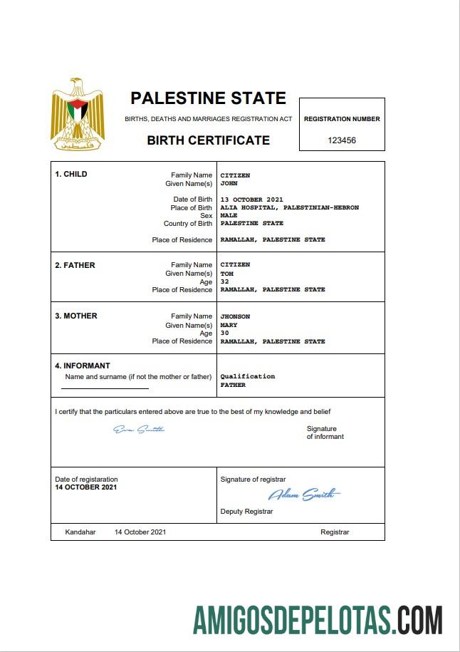 Realista modelo Word e PDF de certidão de nascimento de registro vital da Palestina